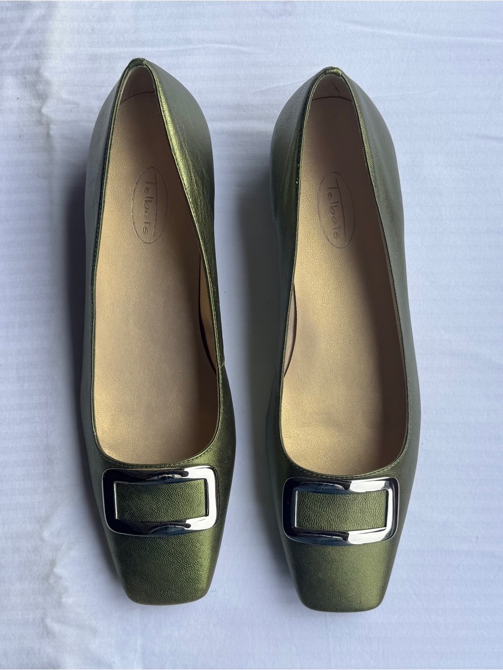 Talbots Metallic Olive Green Buckle Square-Toe Flats